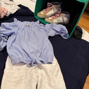 Habitual Striped Ruffle Top in Blue and White